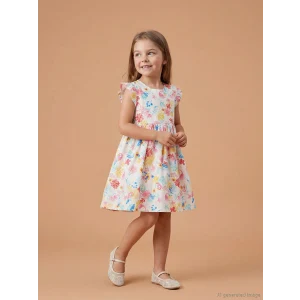 LCW Kids Ekru Bisiklet Yaka Çiçekli Kız Çocuk Elbise