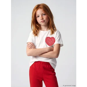 LCW Kids Ekru Bisiklet Yaka Kalp Nakışlı Kız Çocuk Tişört