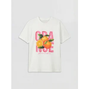 LCW Kids Ekru Bisiklet Yaka Baskılı Kız Çocuk Tişört