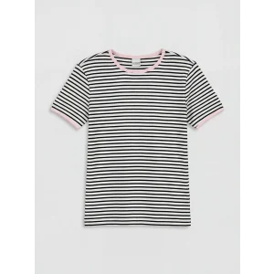LCW Kids Beyaz Bisiklet Yaka Çizgili Kız Çocuk Tişört