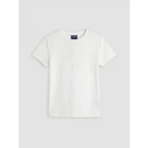 LCW Kids Ekru Bisiklet Yaka Çiçek Nakışlı Kız Çocuk Tişört