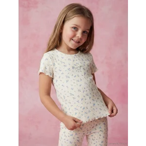 LCW Kids Ekru Desenli Fırfırlı Kız Çocuk Tişört