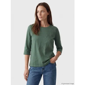 LCW Grace Yeşil Bisiklet Yaka Çiçek Nakışlı Kadın Tişört