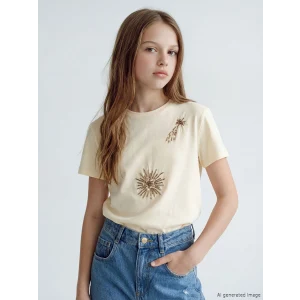 LCW Kids Sarı Bisiklet Yaka Boncuklu Kız Çocuk Tişört