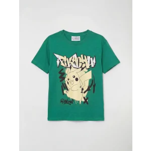 LCW Kids Yeşil Bisiklet Yaka Pikachu Baskılı Erkek Çocuk Tişört