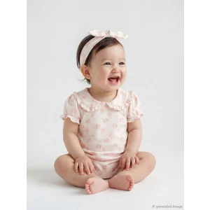 LCW baby Pembe Çiçekli Kız Bebek Tulum ve Saç Bandı
