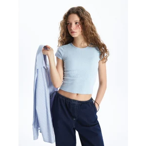 XSIDE Mavi Bisiklet Yaka Düz Kısa Kollu Kadın Crop Tişört
