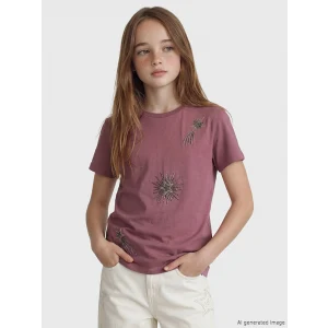 LCW Kids Pembe Bisiklet Yaka Boncuklu Kız Çocuk Tişört