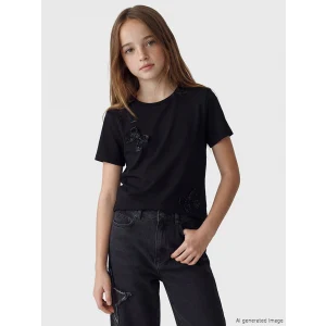 LCW Kids Siyah Bisiklet Yaka Fiyonk İşlemeli Kız Çocuk Tişört