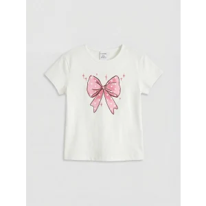 LCW Kids Ekru Bisiklet Yaka Baskılı Kız Çocuk Tişört