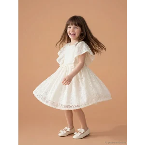 LCW Kids Ekru Bisiklet Yaka Kız Çocuk Dantel Elbise