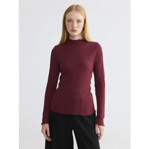 LCW Modest Bordo Fırfırlı Dik Yaka Kadın Body