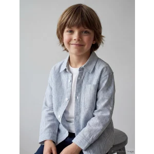 LCW Kids Mavi Çizgili Keten Karışımlı Erkek Çocuk Gömlek