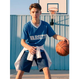 LCW Kids Mavi V Yaka Baskılı Erkek Çocuk Tişört