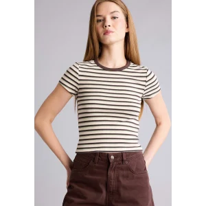 Defacto G2231AXWT32 Beyaz Fıtted Ribana Çizgili Tişört