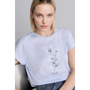 Defacto H2453AXBE216 Mavi Bisiklet Yaka Çiçekli Kısa Kollu Tişört