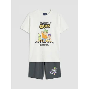 LCW Kids Ekru Stumble Guys Baskılı Erkek Çocuk Şortlu Pijama Takımı