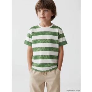 LCW Kids Ekru Çizgili Erkek Çocuk Tişört