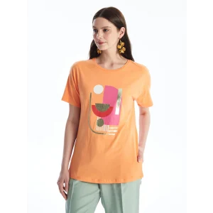 LCWAIKIKI Basic Turuncu Bisiklet Yaka Baskılı Kısa Kollu Kadın Tişört