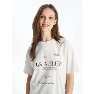 LCW Vision Gri Bisiklet Yaka Baskılı Kısa Kollu Oversize Kadın Tişört