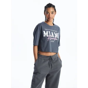 XSIDE Antrasit Bisiklet Yaka Baskılı Kısa Kollu Oversize Kadın Crop