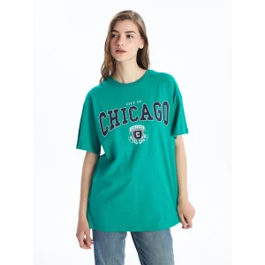 LCW Vision Yeşil Bisiklet Yaka Baskılı Kısa Kollu Oversize Kadın Tişört