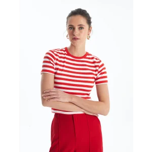 LCW Vision Kırmızı Bisiklet Yaka Çizgili Kısa Kollu Kadın Tişört