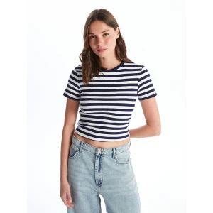 LCW Vision Lacivert Bisiklet Yaka Çizgili Kısa Kollu Kadın Tişört