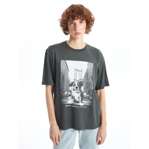 LCW Vision Gri Bisiklet Yaka Baskılı Kısa Kollu Oversize Kadın Tişört