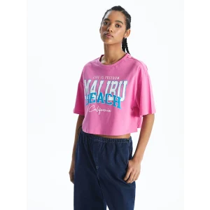 XSIDE Pembe Bisiklet Yaka Baskılı Kısa Kollu Oversize Kadın Crop
