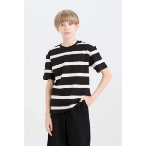 Defacto D7863A8BK81 Siyah Bisiklet Yaka Çizgili Kısa Kollu Tişört Erkek Çocuk