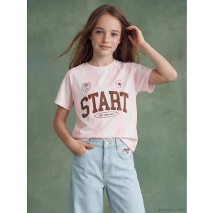 LCW Kids Pembe Bisiklet Yaka Baskılı Kız Çocuk Tişört