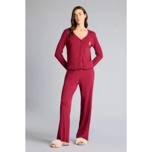 Defacto G0222AXBR205 Bordo Pijama Takımı Regular Fit Pointel Kumaş Uzun Kollu Üst Uzun Alt