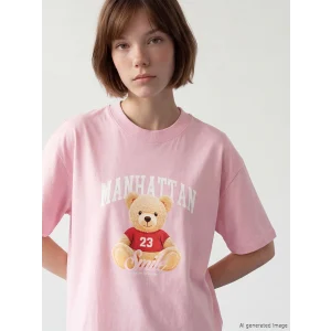 LCW Modest Pembe Bisiklet Yaka Manhattan Baskılı Kadın Tişört