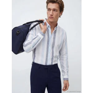 SOUTHBLUE Mavi Regular Fit Çizgili Erkek Keten Gömlek
