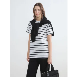 LCW Comfort Siyah Bisiklet Yaka Çizgili Kadın Tişört