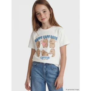 LCW Kids Beyaz Bisiklet Yaka Capyfun Baskılı Kız Çocuk Tişört