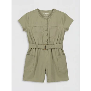 LCW Kids Yeşil Bisiklet Yaka Kemerli Kız Çocuk Gabardin Tulum