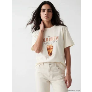 LCW Vision Ekru Bisiklet Yaka Baskılı Oversize Kadın Tişört