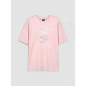 LCW Kids Pembe Bisiklet Yaka Baskılı Kız Çocuk Tişört