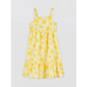 LCW Kids Sarı Kare Yaka Çiçekli Kız Çocuk Poplin Elbise