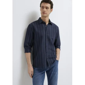 Mavi 0211979-91592 Keten Karışımlı Çizgili Lacivert Gömlek