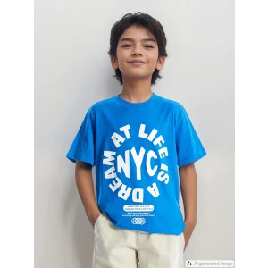 LCW Kids Mavi Bisiklet Yaka Baskılı Kısa Kollu Erkek Çocuk Tişört