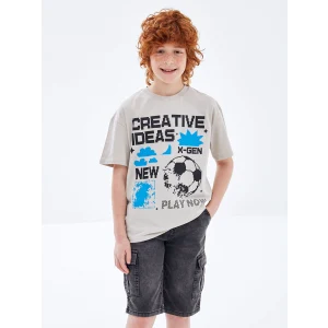 LCW Kids Bej Oversize Bisiklet Yaka Erkek Çocuk Tişört