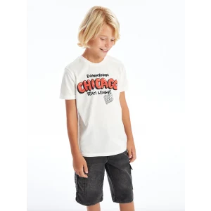 LCW Kids Beyaz Bisiklet Yaka Baskılı Kısa Kollu Erkek Çocuk Tişört