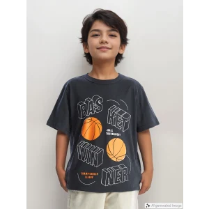 LCW Kids Antrasit Bisiklet Yaka Baskılı Kısa Kollu Erkek Çocuk Tişört