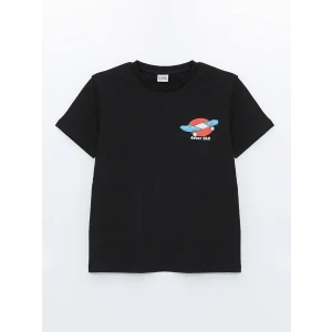 LCW Kids Siyah Bisiklet Yaka Baskılı Kısa Kollu Erkek Çocuk Tişört