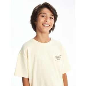 LCW Kids Bej Bisiklet Yaka Oversize Tok Kumaş Erkek Çocuk Tişört