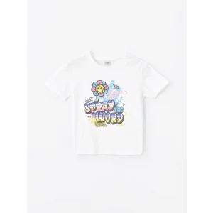 LCW Kids Beyaz Bisiklet Yaka Baskılı Kısa Kollu Kız Çocuk Tişört