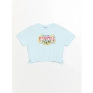 LCW Kids Mavi Bisiklet Yaka Baskılı Kısa Kollu Kız Çocuk Tişört